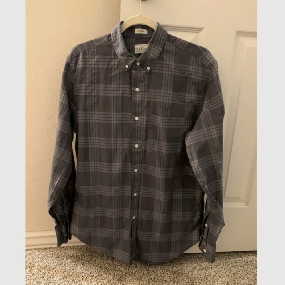 J.Crew Men's Classic Cotton Grey Plaid Poplin Casual Button-Up, Shirt, M